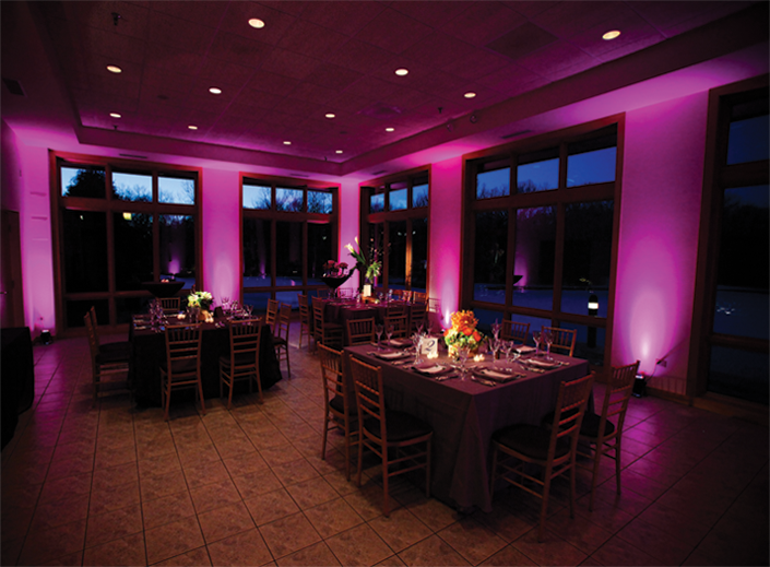 Elegant reception room with pink uplighting